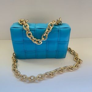 Blue Faux Leather Rectangle Puff Bag